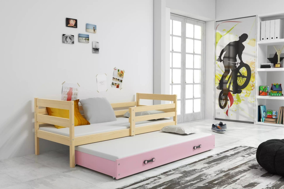 Pat extensibil pentru tineri ERYK 80X190 cu saltea și sertar, pin/roz