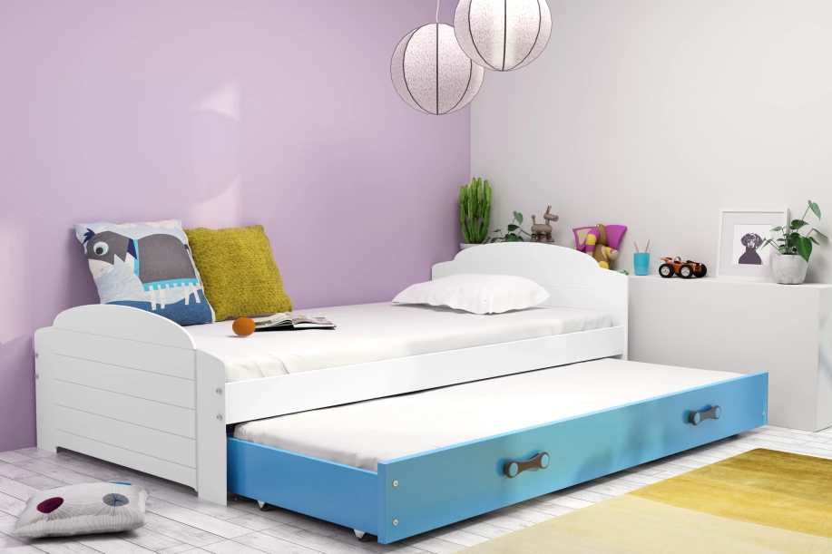 LILI 90X200 pat extensibil pentru tineri cu sertar, alb/albastru