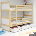 Pat supraetajat pentru tineri RICO 90X200 cu sertar, pin/alb