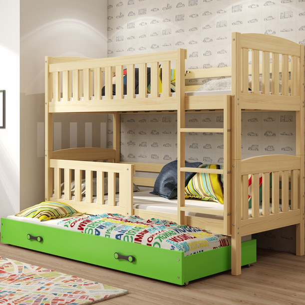 KUBUŚ 90X200 pat de tineret pentru trei persoane cu sertar, pin/verde