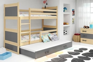 Pat triplu pentru tineri RICO 90X200 cu saltea și sertar, pin/grafit