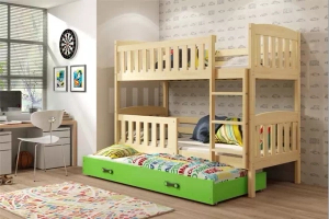 Pat supraetajat pentru adolescenți Jacquot cu 3 locuri 90x190 cu saltea și sertar, pin/verde