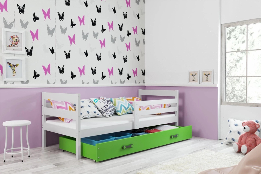 Éric pat single pentru adolescenți 90x190 cu saltea și sertar, alb/verde