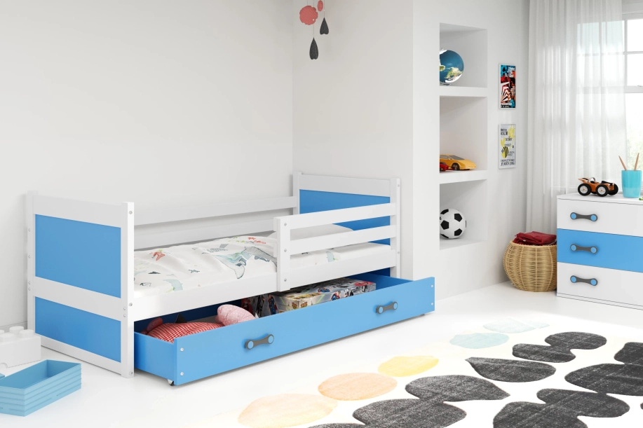 RICO pat single pentru tineri 80X190 cu saltea și sertar, alb/albastru