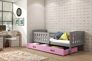 KUBUŚ 80X160 pat simplu pentru copii cu saltea și sertar, grafit/roz
