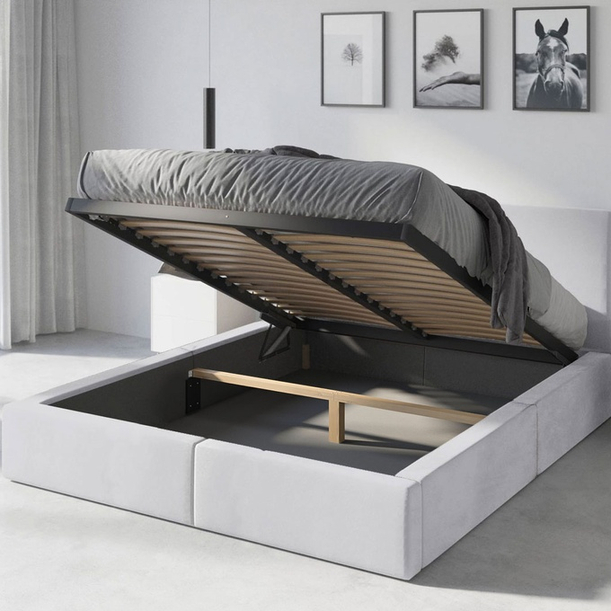 Pat tapițat pentru dormitor HILTON 140X200 cu saltea și cutie de depozitare, alb