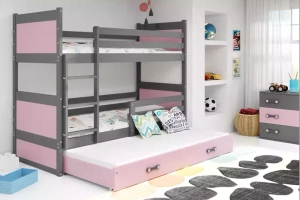 Pat supraetajat pentru adolescenți Rico cu 3 locuri 90x190 cu sertar, gri/roz