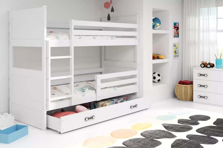 Pat supraetajat pentru tineri RICO 90X200 cu sertar, alb
