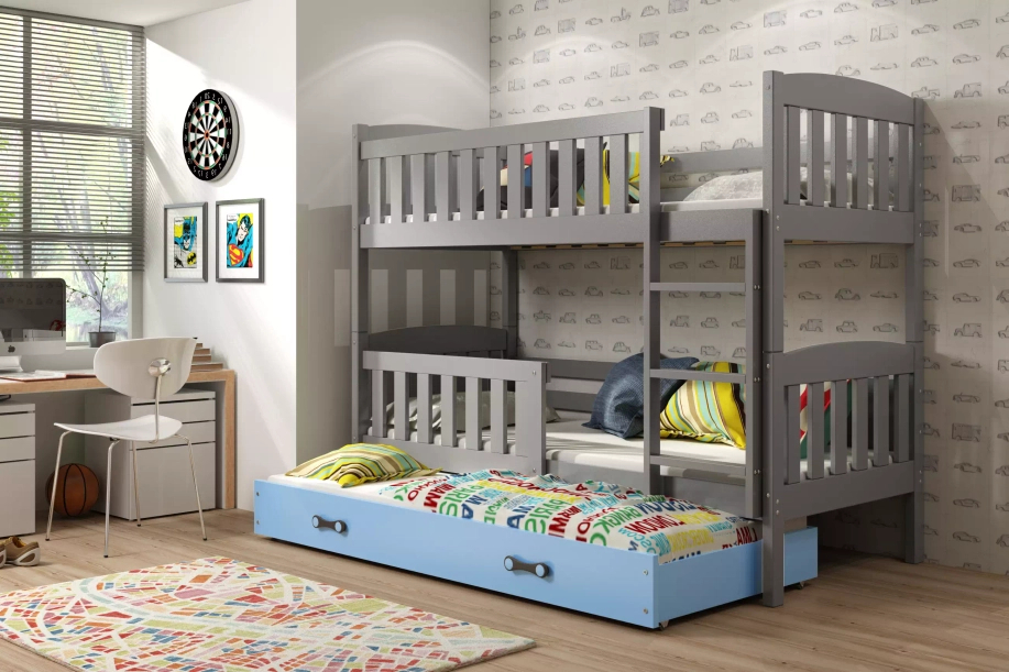 Pat cu trei paturi KUBUŚ 90X190 cu sertar, grafit/albastru