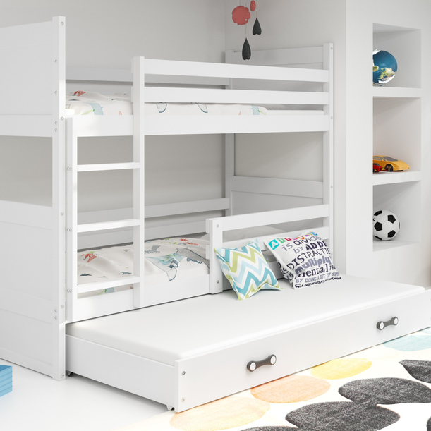 Pat cu trei paturi RICO 90X200 cu sertar, alb