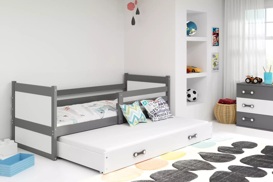 RICO 90X200 pat extensibil pentru tineri cu saltea și sertar, grafit/alb