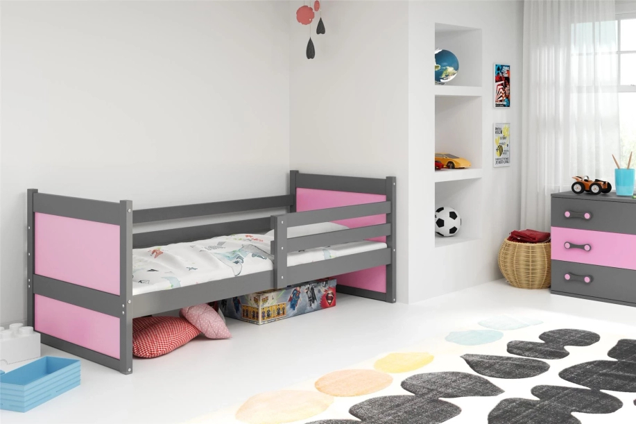 Rico pat single pentru adolescenți 90x190 cu saltea, gri/roz