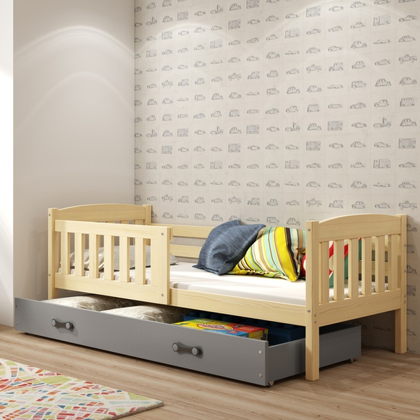 KUBUŚ 90X200 pat single pentru tineri cu saltea și sertar, pin/grafit