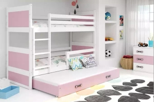 PAT SUPRAETAJAT PENTRU ADOLESCENȚI CU 3 LOCURI RICO CADRU ALB PANOURI ROZ SERTAR ROZ FĂRĂ SALTEA 90 X 190