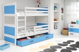 Pat supraetajat pentru tineri RICO 90X200 cu saltea și sertar, alb/albastru