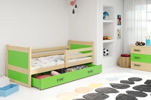 Pat single junior RICO 80X190 cu saltea și sertar, pin/verde
