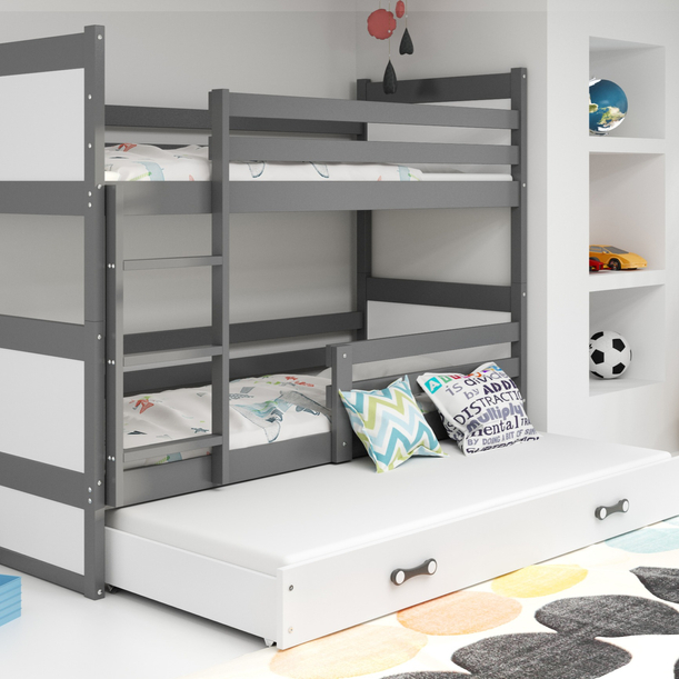 Pat de tineret cu trei paturi RICO 90X200 cu sertar, grafit/alb