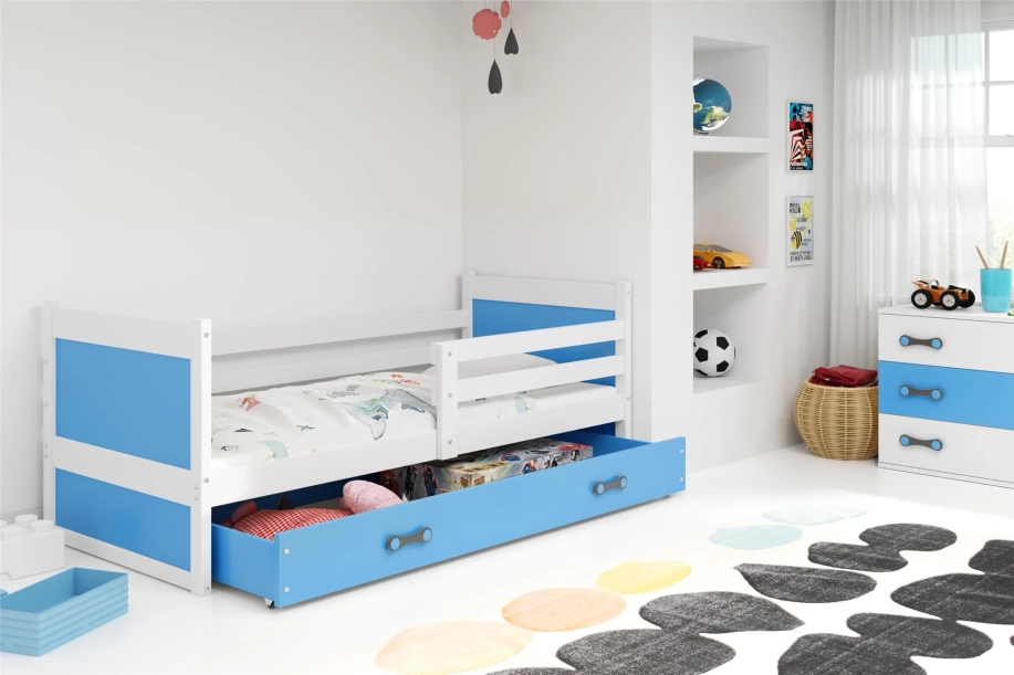 Rico pat single pentru adolescenți 90x190 cu saltea și sertar, alb/albastru