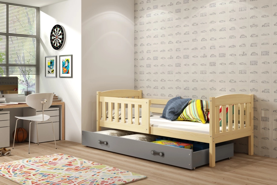 KUBUŚ 80X190 pat single pentru tineri cu saltea și sertar, pin/grafit