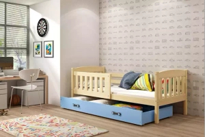 Jacquot pat single pentru adolescenți 90x190 cu saltea și sertar, pin / albastru
