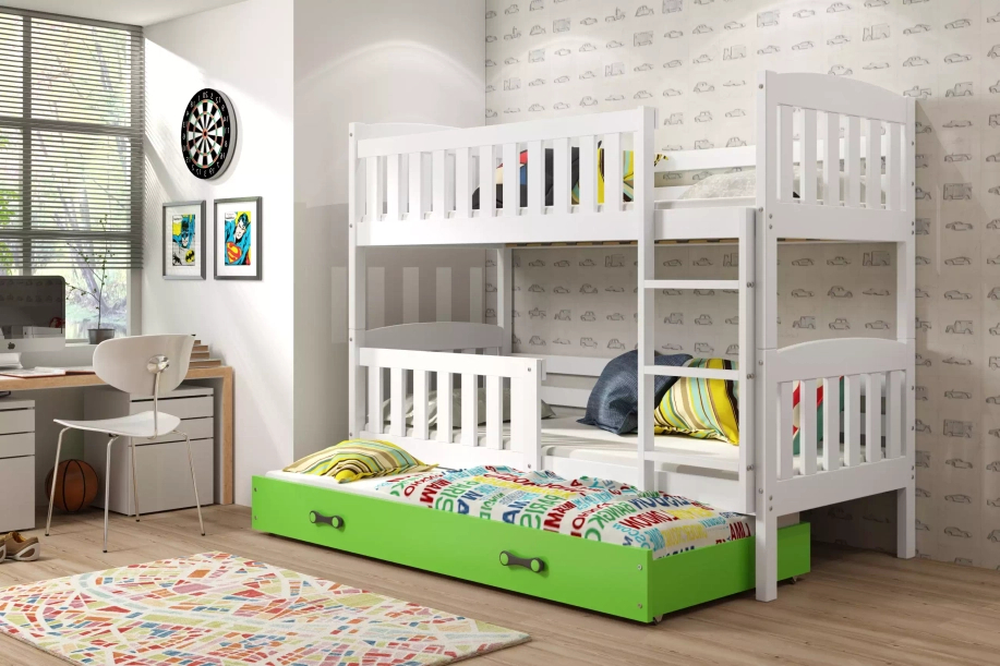 KUBUŚ 90X190 pat triplu pentru tineri cu sertar, alb/verde