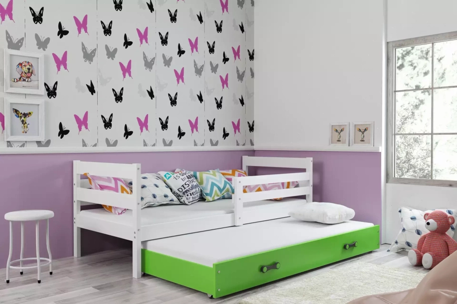 Éric 90x190 pat extensibil pentru adolescenți cu sertar, alb/verde