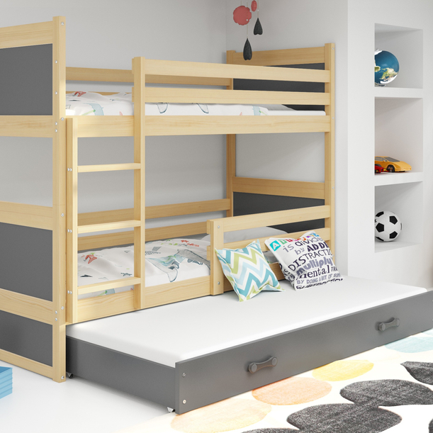 Pat pentru tineret pentru trei persoane RICO 90X200 cu sertar, pin/grafit
