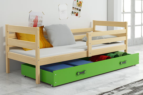 Pat pentru tineri ERYK 90X200 cu saltea și sertar, pin/verde