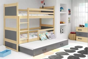 Pat supraetajat pentru adolescenți Rico cu 3 locuri 90x190 cu saltea și sertar, pin/gri