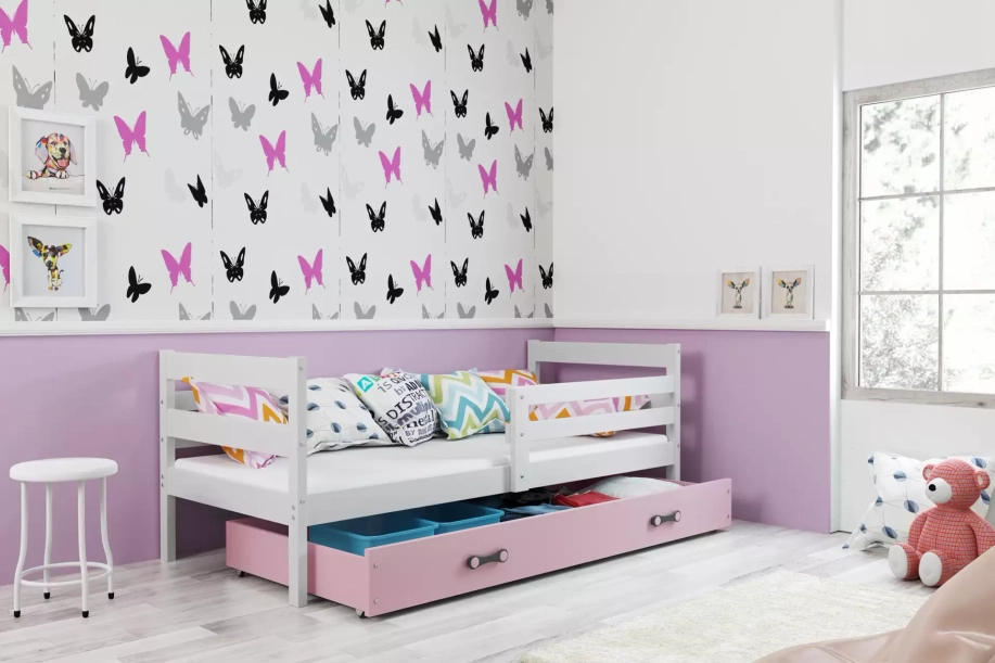 Éric pat single pentru adolescenți 90x190 cu saltea și sertar, alb/roz