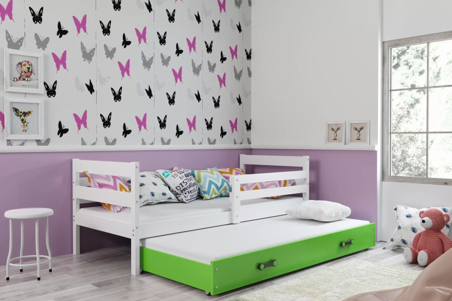 Pat extensibil pentru tineri ERYK 90X200 cu sertar, alb/verde