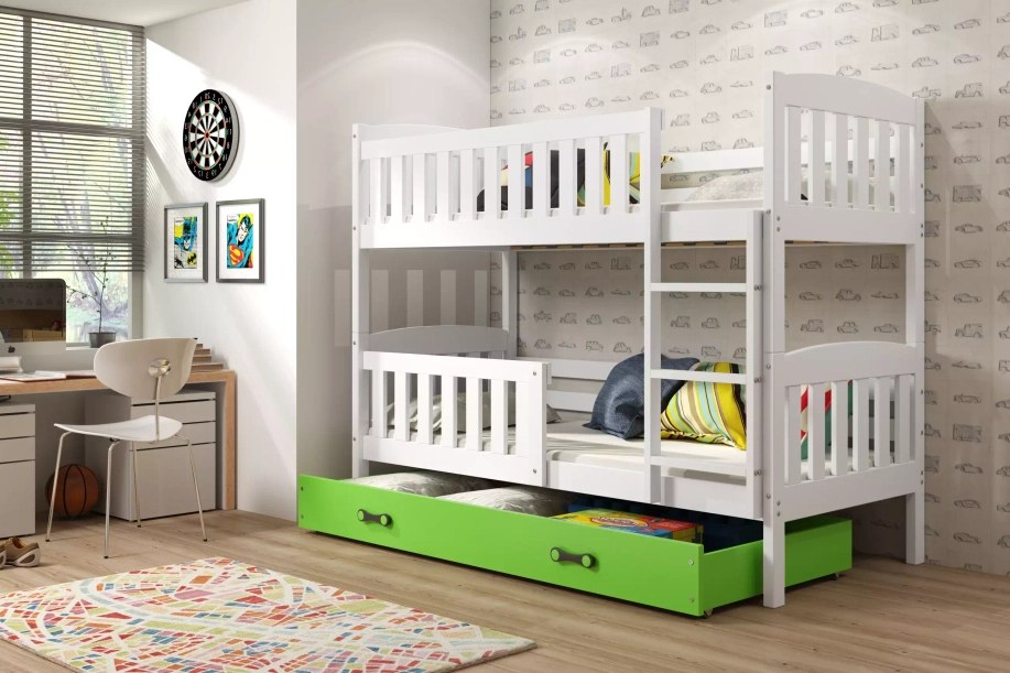 Pat supraetajat junior KUBUŚ 90X190 cu sertar, alb/verde