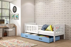 KUBUŚ 90X200 pat single pentru tineri cu saltea și sertar, alb/albastru