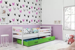 Éric pat single pentru adolescenți 90x190 cu saltea și sertar, alb/verde