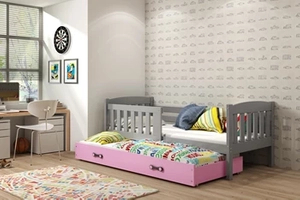 KUBUŚ 90X200 pat extensibil pentru tineri cu saltea și sertar, grafit/roz