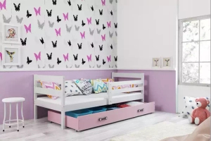 Éric pat single pentru adolescenți 90x190 cu saltea și sertar, alb/roz