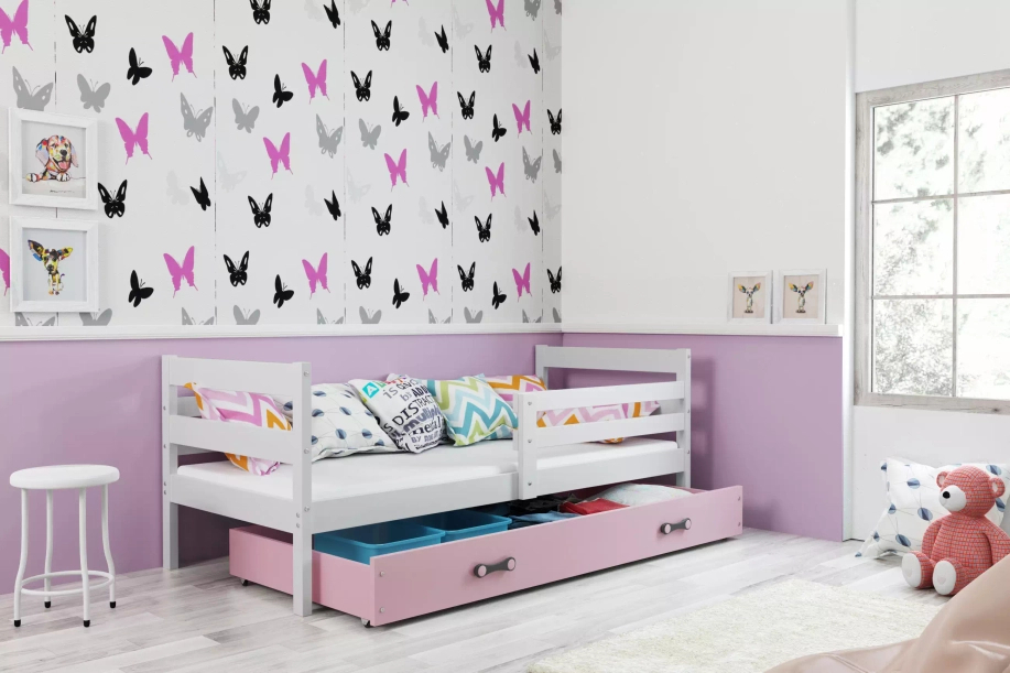 ERYK 80X190 pat single pentru tineri cu sertar, alb/roz