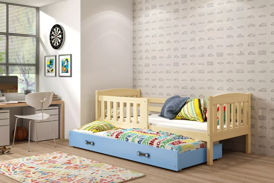 Pat extensibil pentru tineri KUBUŚ 80X190 cu sertar, pin/albastru
