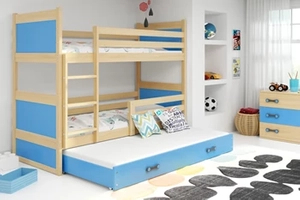Pat triplu pentru tineri RICO 90X200 cu saltea și sertar, pin/albastru