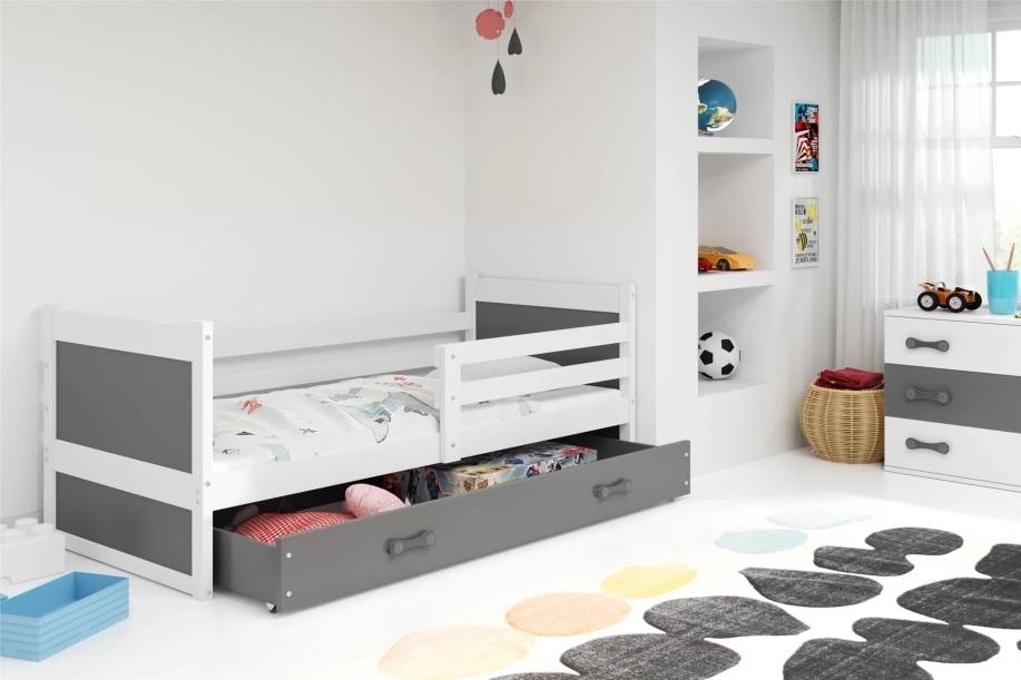 Rico pat single pentru adolescenți 90x190 cu saltea și sertar, alb/gri