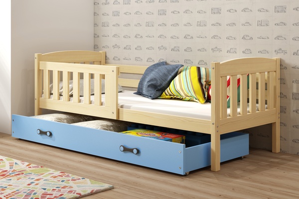 KUBUŚ 90X200 pat single pentru tineri cu sertar, pin/albastru