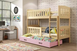 Pat supraetajat pentru adolescenți Jacquot cu 3 locuri 90x190 cu sertar, pin/roz
