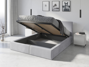 Pat tapițat pentru dormitor HILTON 140X200 cu cutie de depozitare, gri cenușă