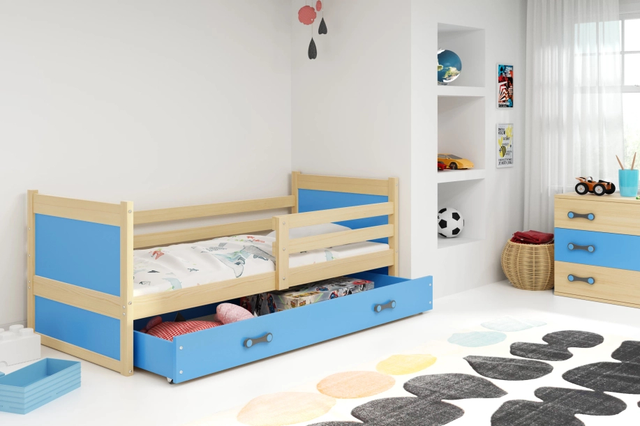 Pat single pentru tineri RICO 90X200 cu saltea și sertar, pin/albastru