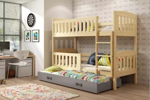 Pat supraetajat pentru adolescenți Jacquot cu 3 locuri 90x190 cu sertar, pin/gri