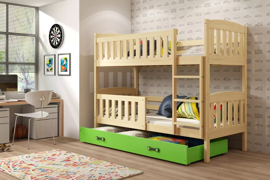 Pat supraetajat junior KUBUŚ 90X200 cu saltea și sertar, pin/verde