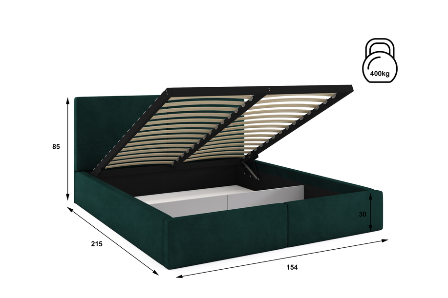 Pat tapițat pentru dormitor HILTON 140X200 cu cutie de depozitare, verde