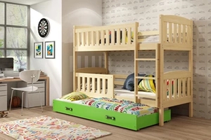 KUBUŚ 90X200 pat triplu pentru tineri cu saltea și sertar, pin/verde