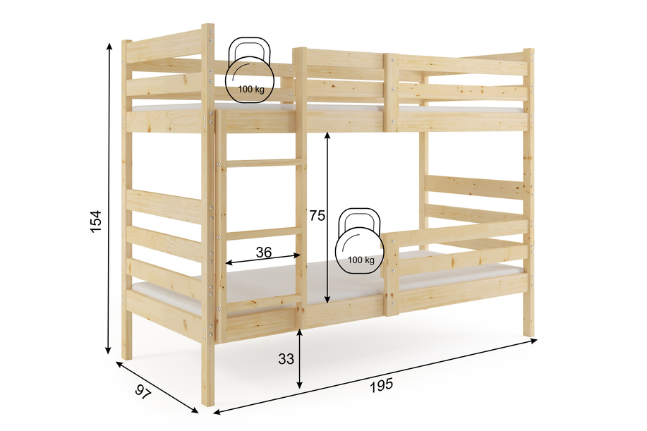 Pat supraetajat pentru tineri Erik 90X190, cu saltea, lemn natural