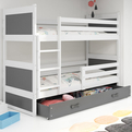 Pat supraetajat pentru tineri RICO 90X200 cu sertar, alb/grafit